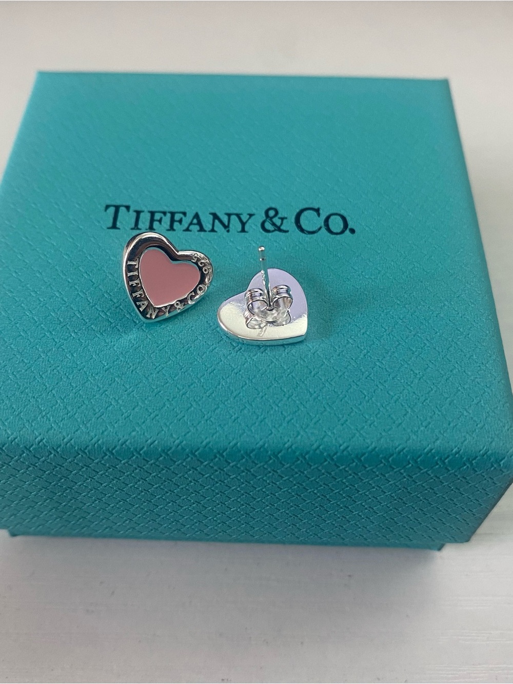 Tiffany & Co. Sterling Silver Heart Stud Earrings with Pink Enamel